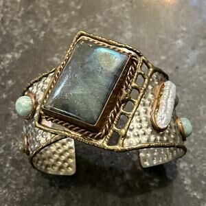 Vintage Cuff Bracelet Labradorite Silver Mixed Metals Hammered Brutalist